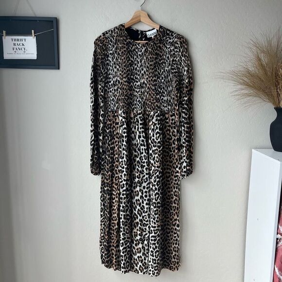 Ganni Leopard Animal Print Brown Georgette Smocked Long Sleeve Midi Dress Size 4 - Picture 2 of 11